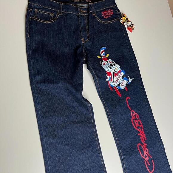 NWT Ed Hardy Women’s Jeans Size (W32 L33) Dark Wash Embroidered Tattoo Graphic - Picture 11 of 13